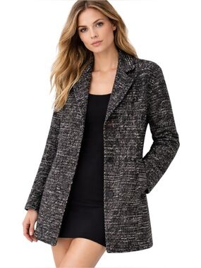 H&M Textured Tweed Coat Jacket Black Grey Chic Structured Longline